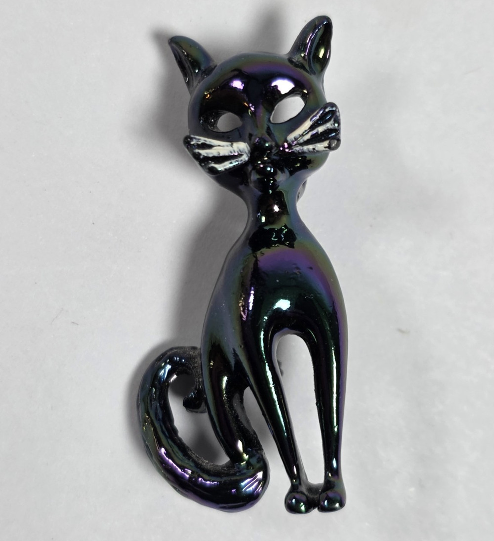 Vintage Black Purple Iridescent Enameled Carnival Kitty Cat Brooch Pin 1970s